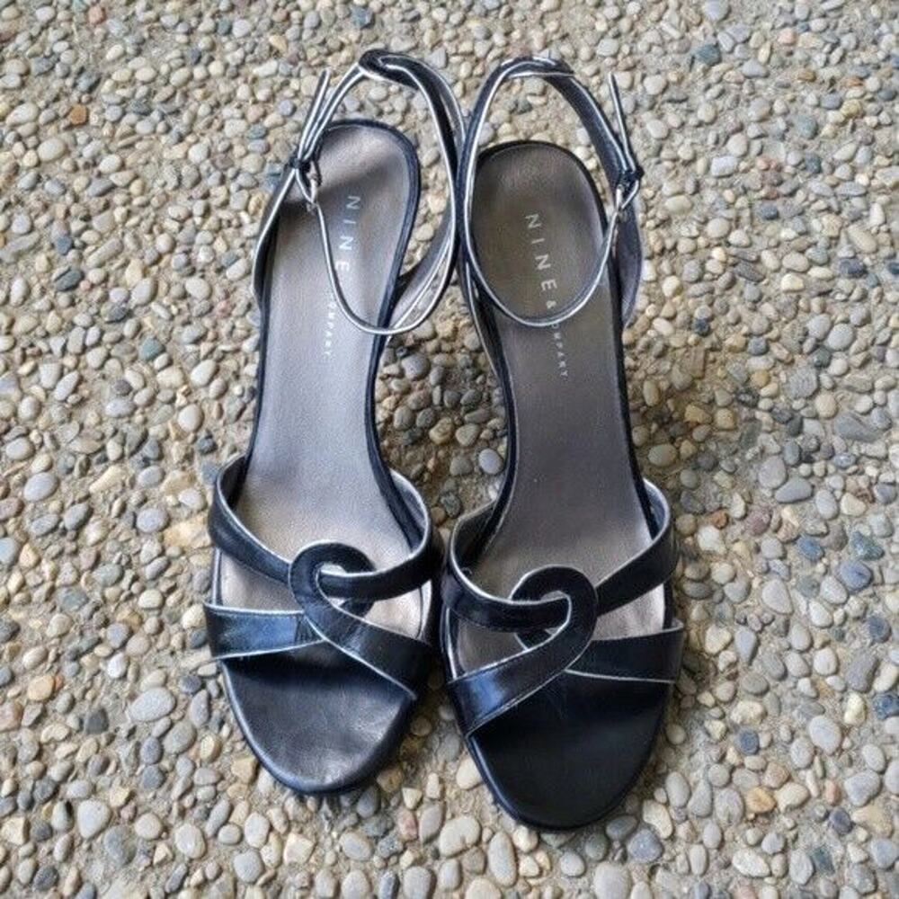 Nine & Company Heels - Leather Upper Black with Silver Trim Ankle Tie - Size 6